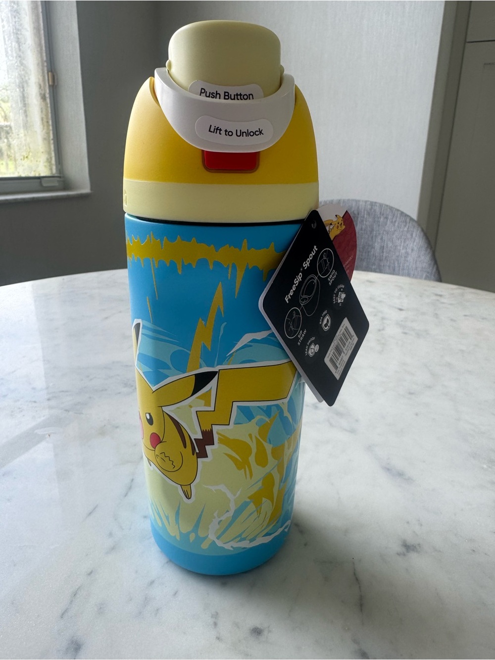 Pikachu Yellow & Blue Kids Stainless Steel Water Bottle with Push-Button Lid